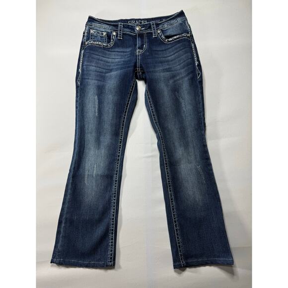 Grace in L.A. Women's Embroidered Bootcut Blue Denim Jeans - Size 27x26 - Picture 1 of 8